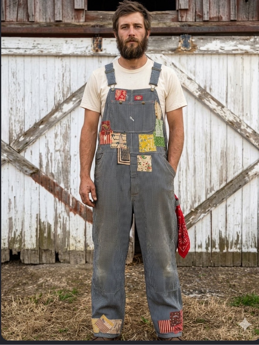 Upcycled gardener farmer patched hickory striped dickies bib overalls